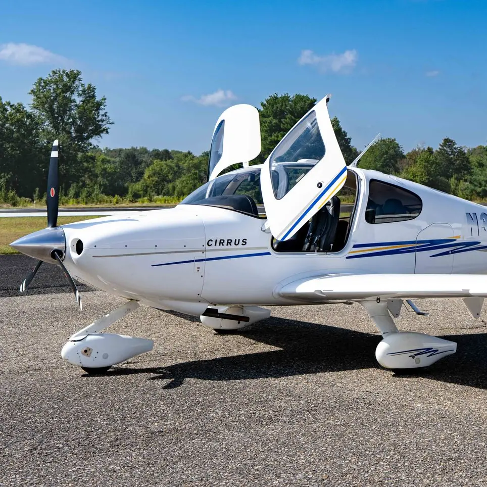 Modern single-engine piston trainer airplane on the ramp